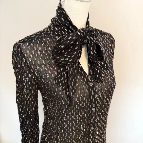 J. Crew Tie Neck Sheer Rainbow Lurex Dot Blouse Top In Black Size XS - Picture 9 of 14